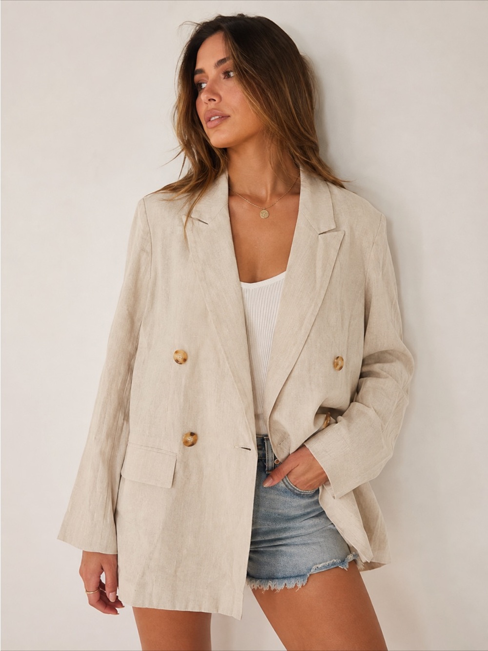 NWT ** ASOS Linen Women's Double-Breasted Cream Blazer Sz 0 Oversized